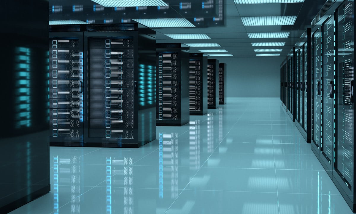 A row of large databanks with blue lighting