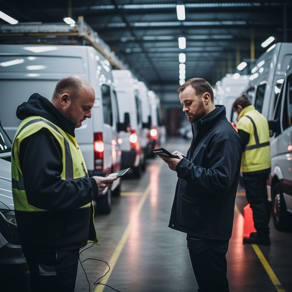 Fleet managers view their fleet control centre for insights while in depot, surrounded by vehicles