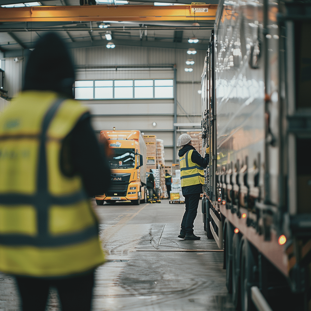 Depot operatives in hi-vis load HGVs in a large retail depot
